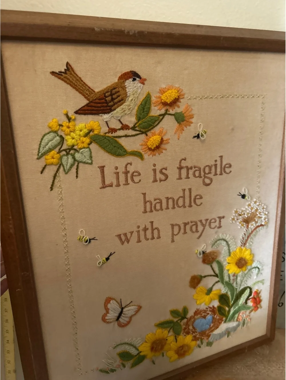 Framed Embroidered Wall Art 'Life is fragile handle with prayer'